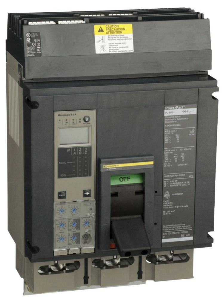 Square D PJA36080U44A PowerPact P-Frame MCCB – 3 Pole – 800A – I-Line Plug-On – Micrologic 6.0A – LSIG Electronic Trip Circuit Breaker