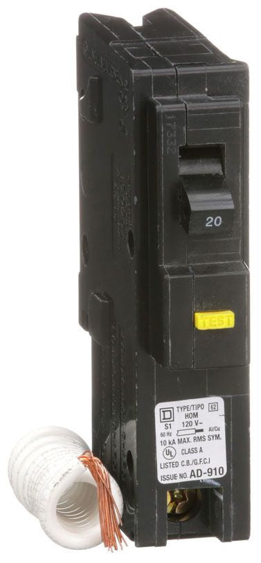 Square D HOM120GFI – 20A 120VAC 1-Pole Homeline GFCI Circuit Breaker, Class A Ground Fault Protection