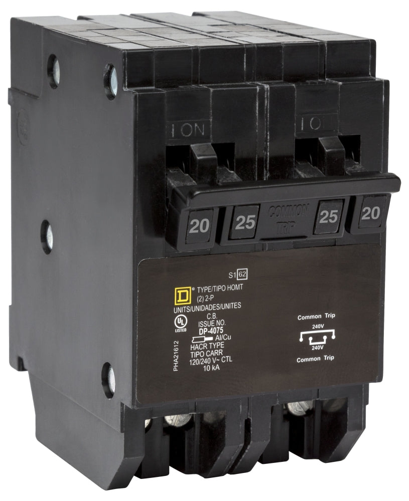 Square D Homeline HOMT220225 Quad Tandem 2 x 2-Pole (20A + 25A) Miniature Circuit Breaker – Plug-In – 120/240V AC
