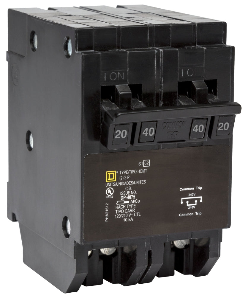 Square D Homeline HOMT220240 Quad Tandem 2 x 2-Pole (20A + 40A) Miniature Circuit Breaker – Plug-In – 120/240V AC