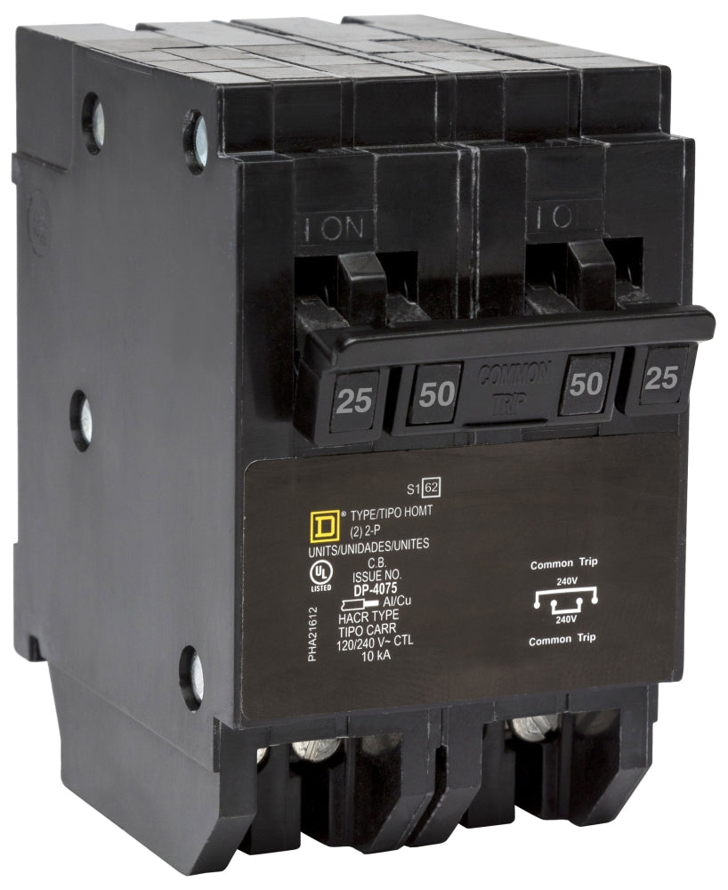 Square D Homeline HOMT225250 Quad Tandem 2 x 2-Pole (25A + 50A) Miniature Circuit Breaker – Plug-In – 120/240V AC