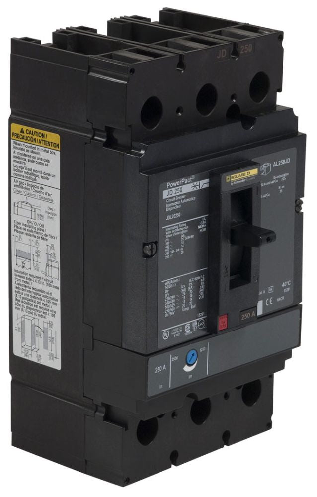Square D JDL26250 Molded Case Circuit Breaker – 2 Pole – 250A – 600V – Feed-Thru – Thermal Magnetic – LI Protection