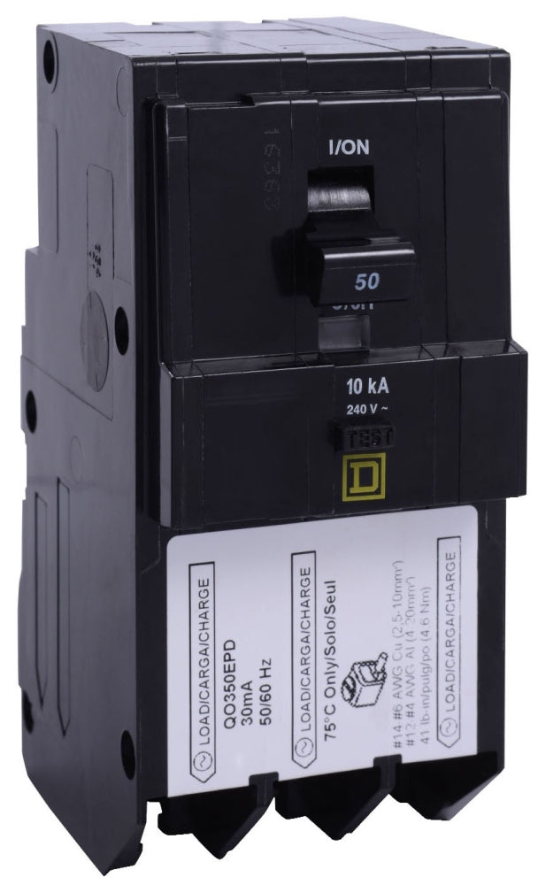Square D QO350EPD Ground Fault Circuit Breaker – 50A – 3 Pole – 240V – Plug-In – 30mA GFCI – QO Series