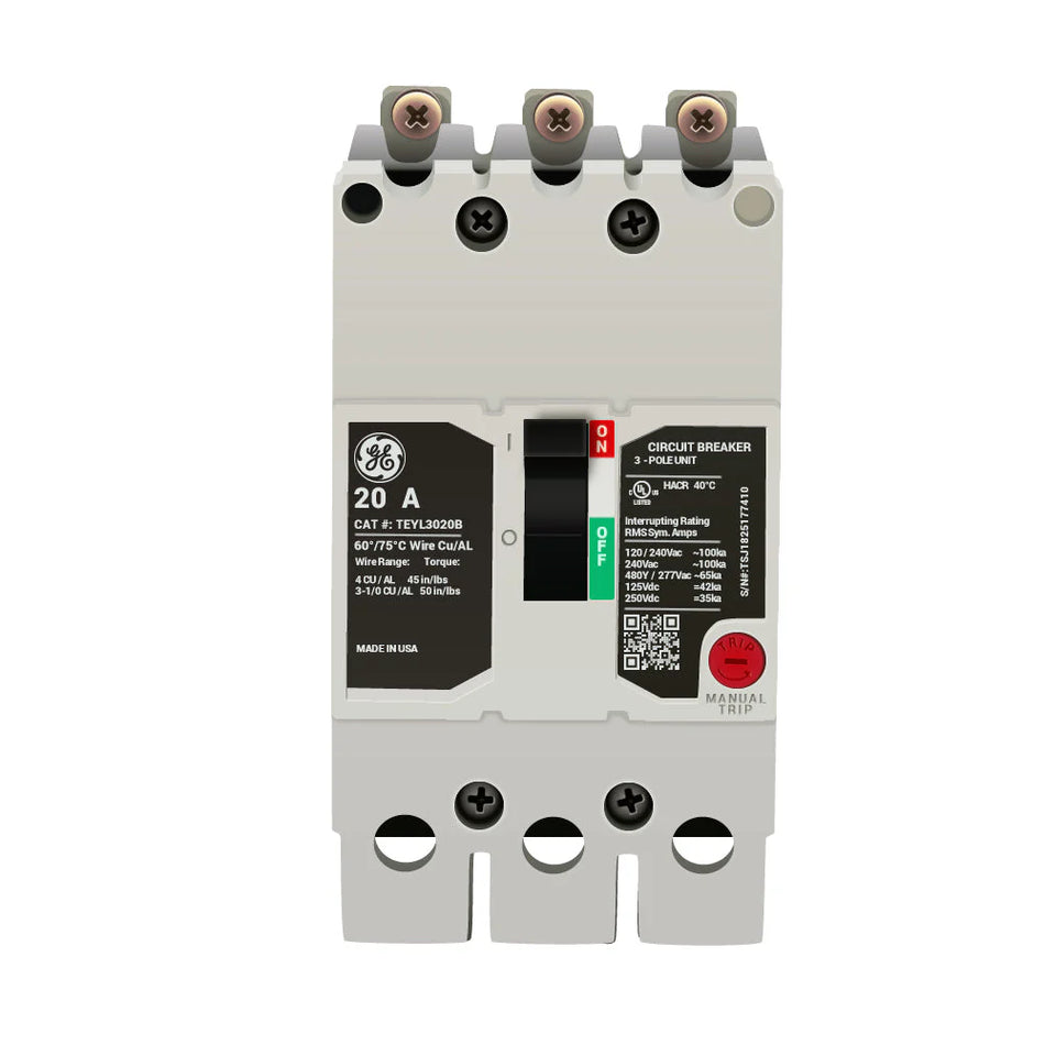 TEYL3020B - General Electric 20A 480V 3 Pole Molded Case Circuit Breaker TEYL Series Bolt-On