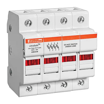 Mersen USCC4I UltraSafe Fuse Holder – 30A – 4-Pole – Class CC – 600VAC/600VDC – LED Indication