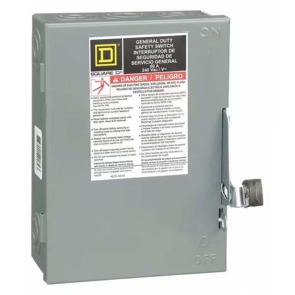 Square D DU322 60A 240V 2-Pole Non-Fusible Safety Switch – 10 kA AIC