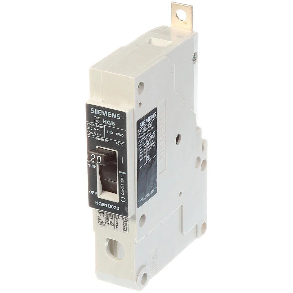 Siemens HGB1B020B Molded Case Circuit Breaker – VL Series – 20A – 1 Pole – 347V – Bolt-On – Thermal Magnetic – High Interrupting Capacity