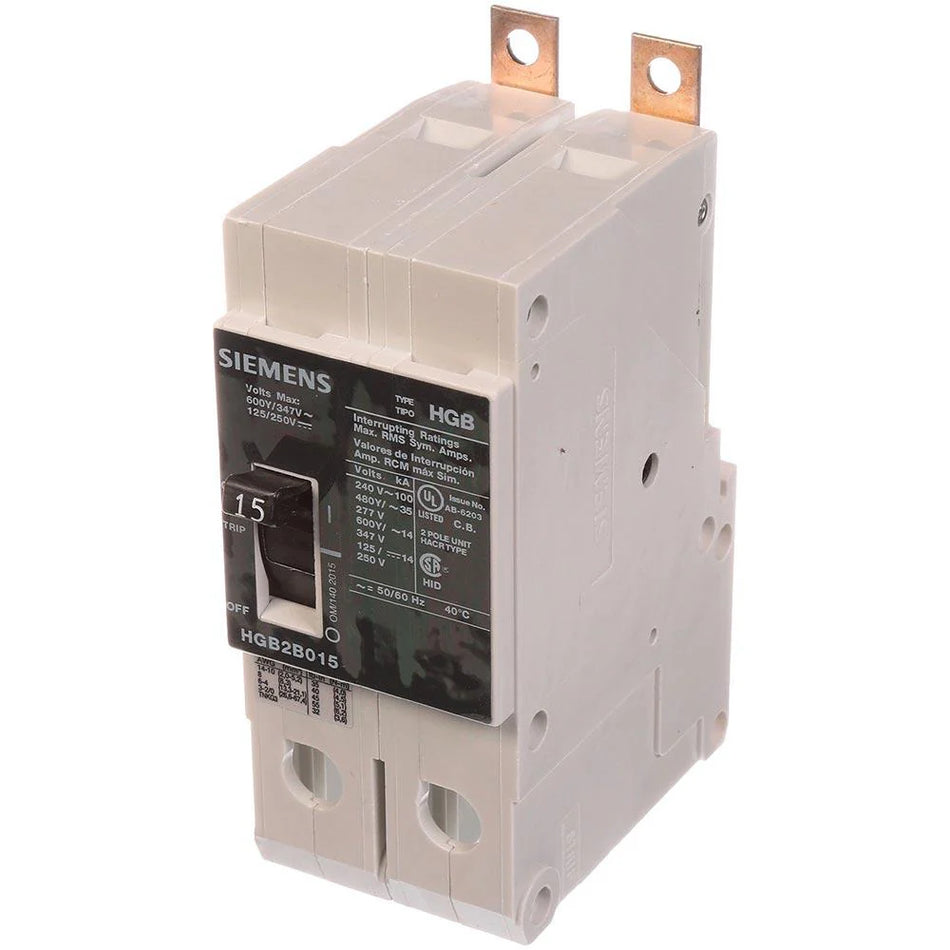 Siemens HGB2B015B Molded Case Circuit Breaker – VL Series – 15A – 2 Pole – 600V – Bolt-On – Thermal Magnetic – High Interrupting Capacity