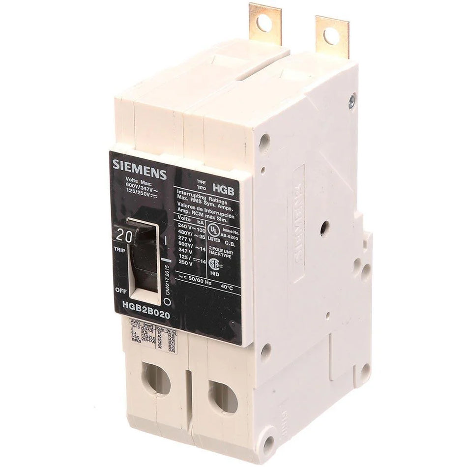 Siemens HGB2B025B Molded Case Circuit Breaker – VL Series – 25A – 2 Pole – 480Y/277V – Bolt-On – Thermal Magnetic – High Interrupting Capacity
