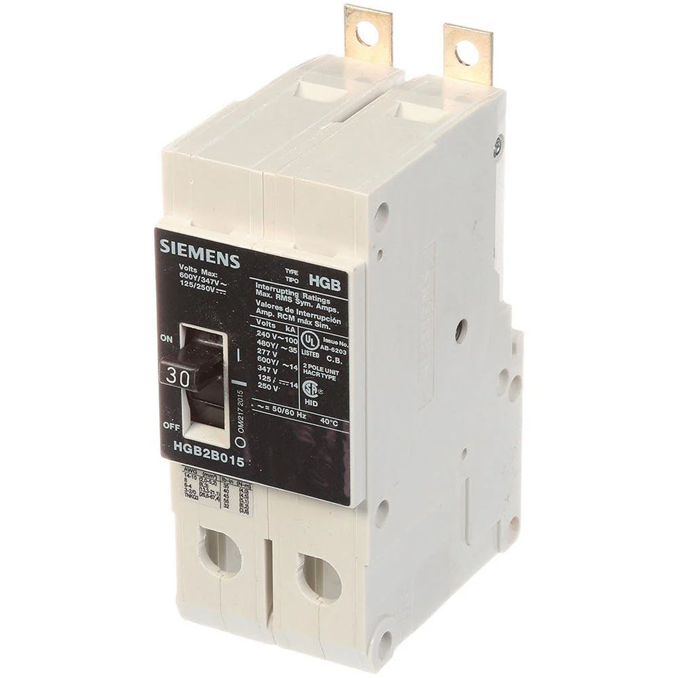 Siemens HGB2B030B Molded Case Circuit Breaker – VL Series – 30A – 2 Pole – 600V – Bolt-On – Thermal Magnetic – High Interrupting Capacity