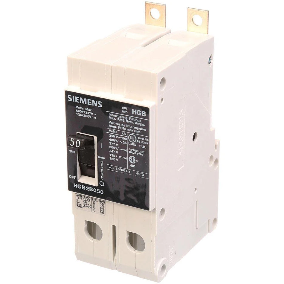 Siemens HGB2B050B Molded Case Circuit Breaker – VL Series – 50A – 2 Pole – 600V – Bolt-On – Thermal Magnetic – High Interrupting Capacity