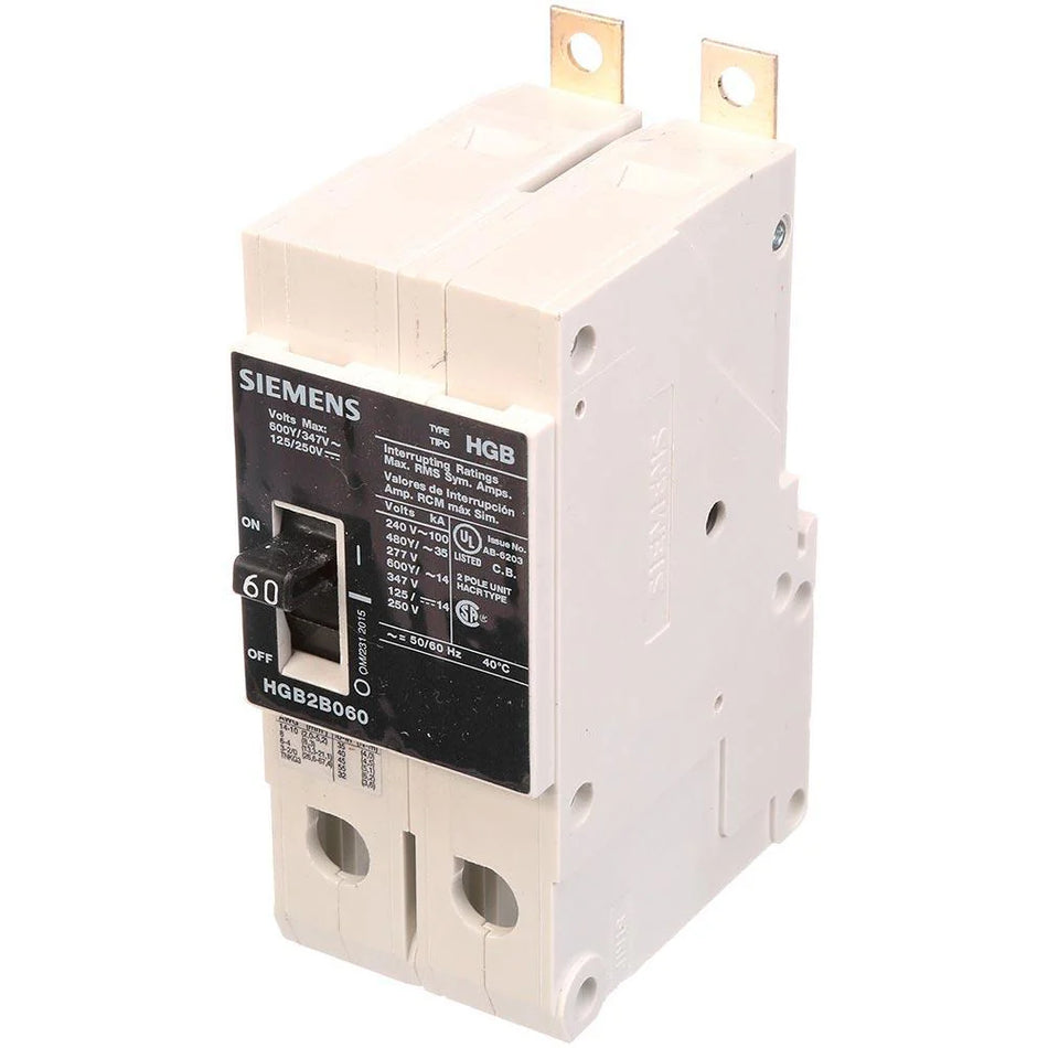 Siemens HGB2B060B Molded Case Circuit Breaker – VL Series – 60A – 2 Pole – 600V – Bolt-On – Thermal Magnetic – High Interrupting Capacity
