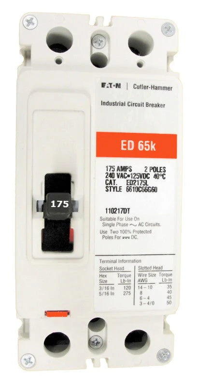 Eaton ED2175S22 175A 2P Molded Case Circuit Breaker – Bolt On – 240VAC