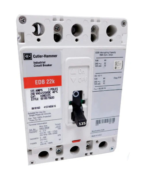 Eaton EDB3125L 125A 3P Molded Case Circuit Breaker – Bolt On – 240VAC