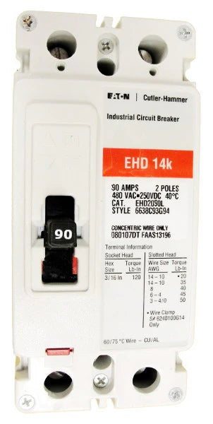 Eaton EHD2090L 90A 2P Molded Case Circuit Breaker – Bolt On – 480VAC
