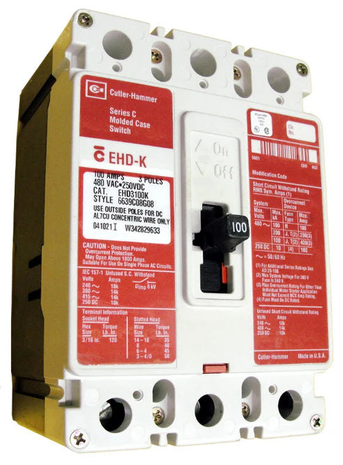 Eaton EHD3100K 100A 3P High Magnetic Molded Case Switch – Bolt On – 480VAC