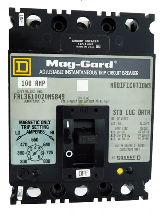 Square D FAL3615024M 150A 3 Pole Magnetic Only Circuit Breaker – Bolt On – 600V
