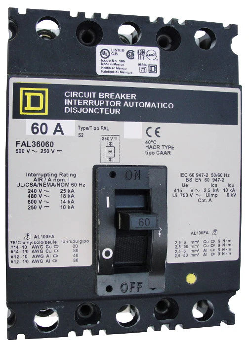 Square D FAL361001021 100A 3 Pole Molded Case Circuit Breaker with 120VAC Shunt – Bolt-On Mount – 600VAC