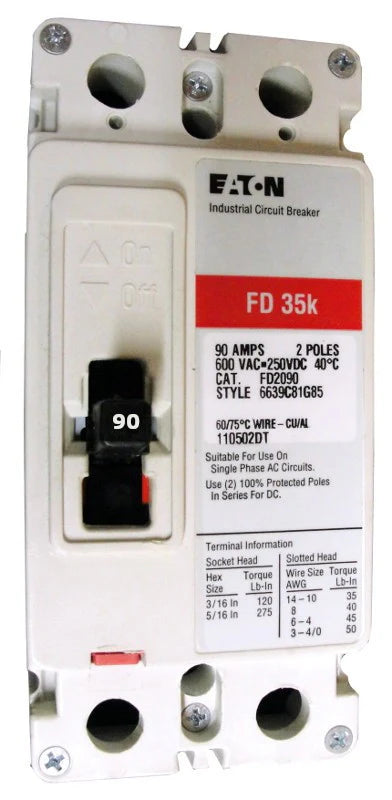 Eaton FD2090L 90A 2P Molded Case Circuit Breaker – Bolt On – 600VAC