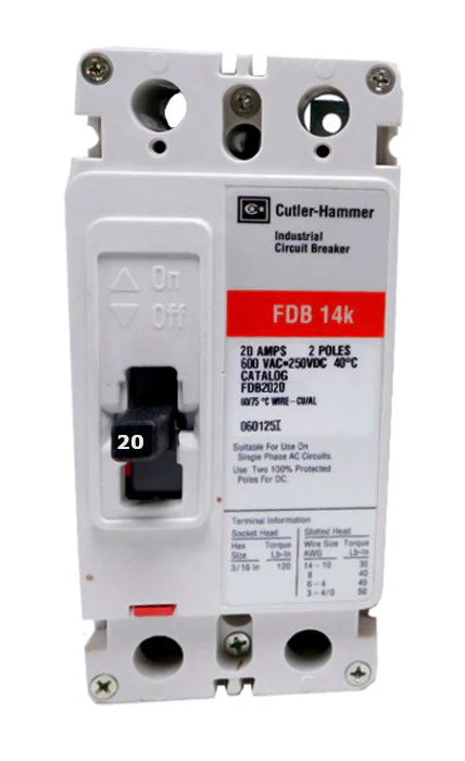 Eaton FDB2020L 20A 2P Molded Case Circuit Breaker – Bolt On – 600VAC