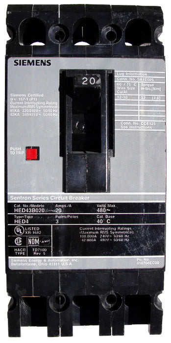 Siemens HED43B020 20A 3 Pole Molded Case Circuit Breaker – Bolt On – 480V