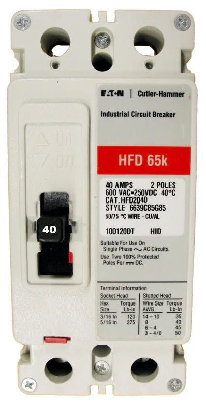 Eaton HFD2040L 40A 2P Molded Case Circuit Breaker – Bolt-On – 600VAC