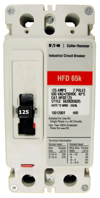 Eaton HFD2125L 125A 2P MCCB – Bolt On – 600VAC