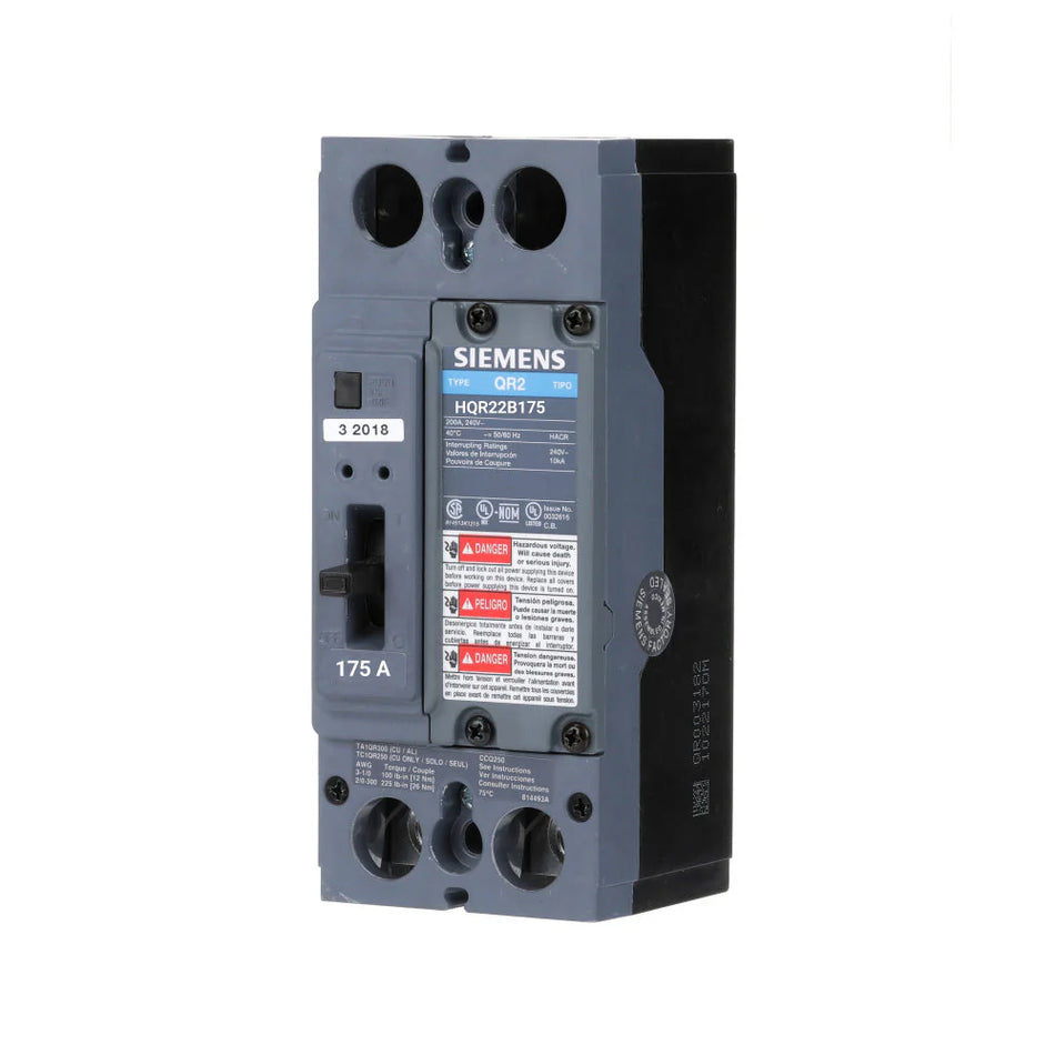 Siemens HQR22B175 Circuit Breaker – QR Series – 175A – 2 Pole – 240VAC – Thermal Magnetic – Bolt-On
