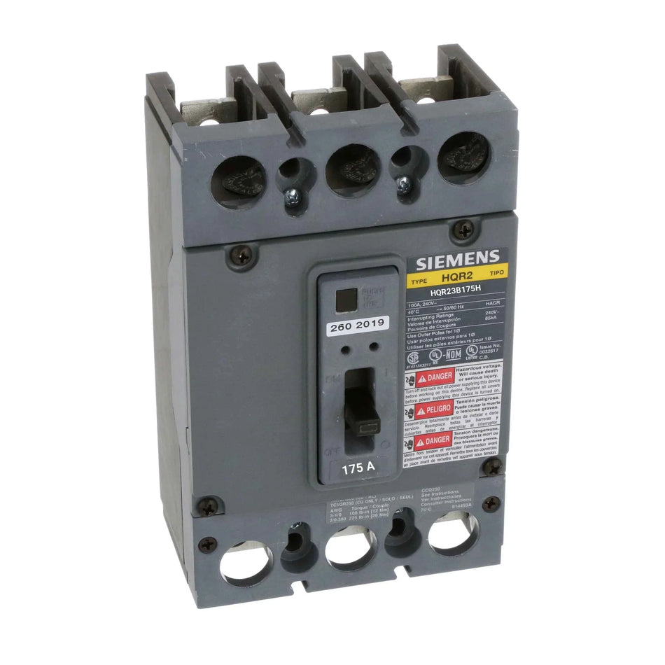 Siemens HQR23B175H Circuit Breaker – QR Series – 175A – 3 Pole – 240VAC – Thermal Magnetic – Bolt-On – High Interrupting Capacity (100kA)