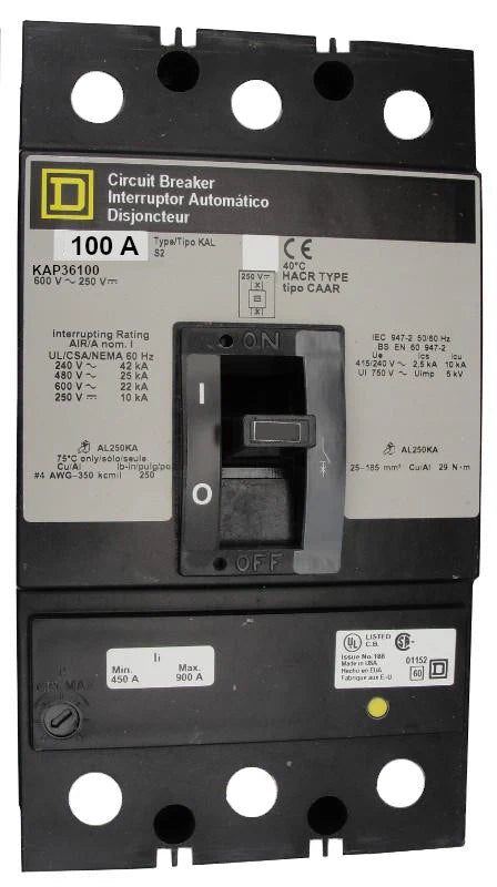 Square-D KAP36100 100A 3 Pole Thermal Magnetic MCCB – Panel Mounted – 600V AC/DC