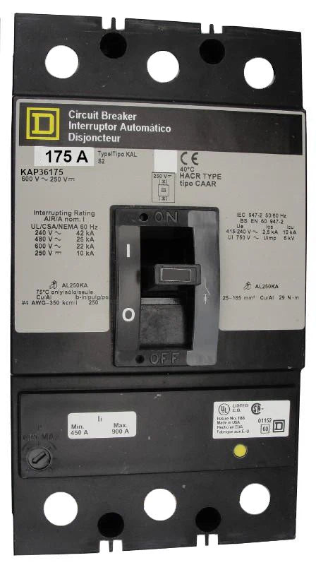 Square-D KAP36175 175A 3 Pole Thermal Magnetic MCCB – Panel Mounted – 600V AC/DC
