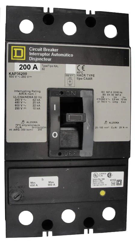 Square-D KAP36200 200A 3 Pole Thermal Magnetic MCCB – Panel Mounted – 600V AC/DC