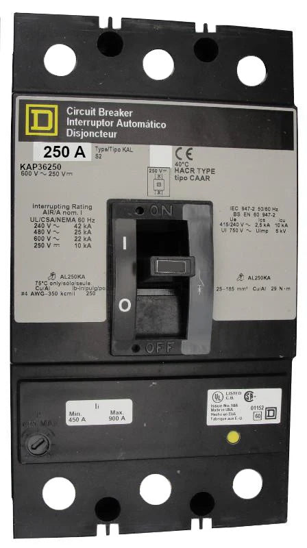 Square-D KAP36250 250A 3 Pole Thermal Magnetic MCCB – Panel Mounted – 600V AC/DC