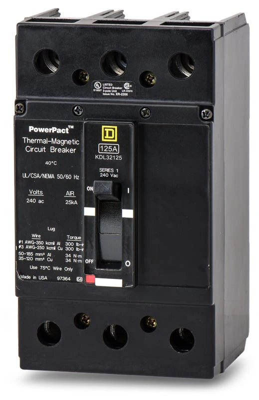 Square D KDL32125 Molded Case Circuit Breaker – 3 Pole – 125A – 240VAC – Feed-Thru – Thermal Magnetic – LI Protection