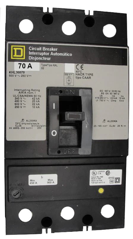 Square D KHL36070 70A 3 Pole Molded Case Circuit Breaker – Bolt On – 600VAC