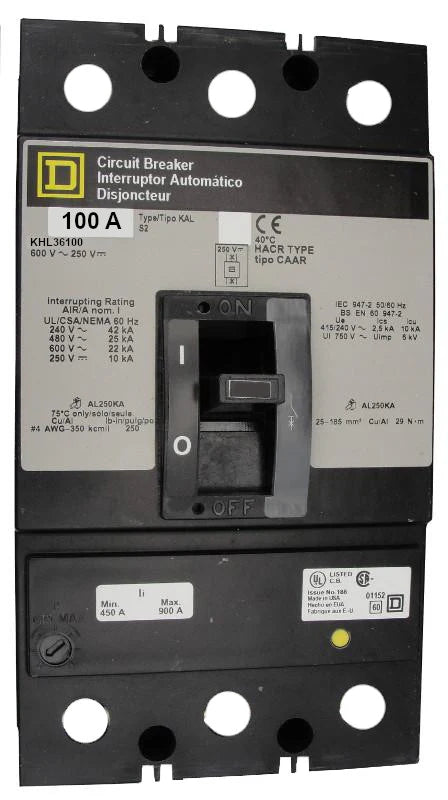 Square D KHL36100 100A 3 Pole Molded Case Circuit Breaker – Bolt On – 600VAC
