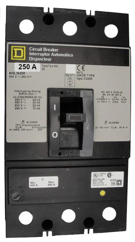 Square D KHL36250 250A 3 Pole Molded Case Circuit Breaker – Bolt On – 600VAC