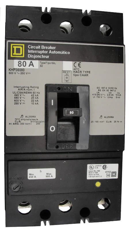 Square D KHP36080 80A 3 Pole Molded Case Circuit Breaker – Panel Mounted – 600VAC