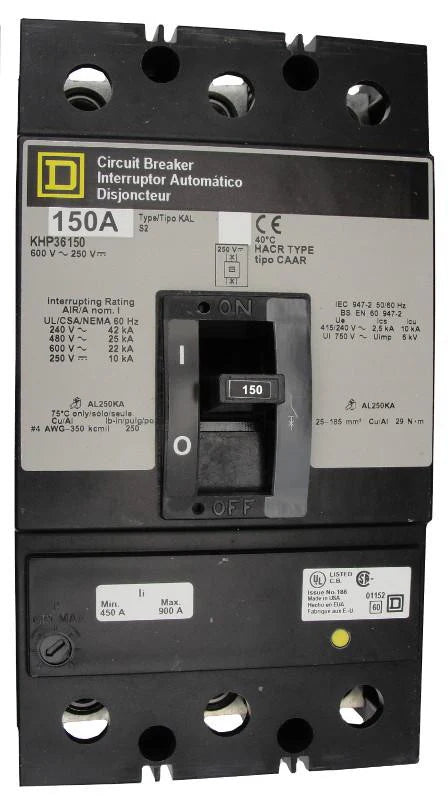 Square D KHP36150 150A 3 Pole Molded Case Circuit Breaker – Panel Mounted – 600VAC