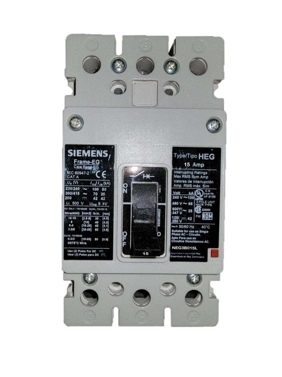 Siemens NEG3B015L Circuit Breaker – VL Series – EG Frame – 15A – 3 Pole – 600VAC – Feed-Thru – Thermal Magnetic