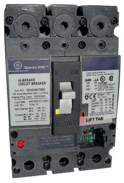 General Electric SEHA36AT0100 100A 3-Pole Molded Case Circuit Breaker – Bolt-On Mount – 600VAC