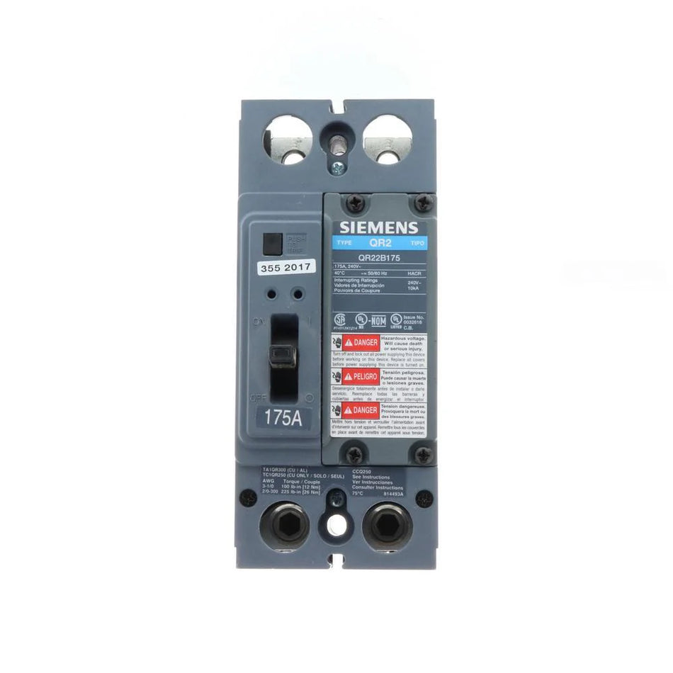 Siemens QR22B175 Circuit Breaker – QR Series – 175A – 2 Pole – 240VAC – Bolt-On – Thermal Magnetic – 10kAIC