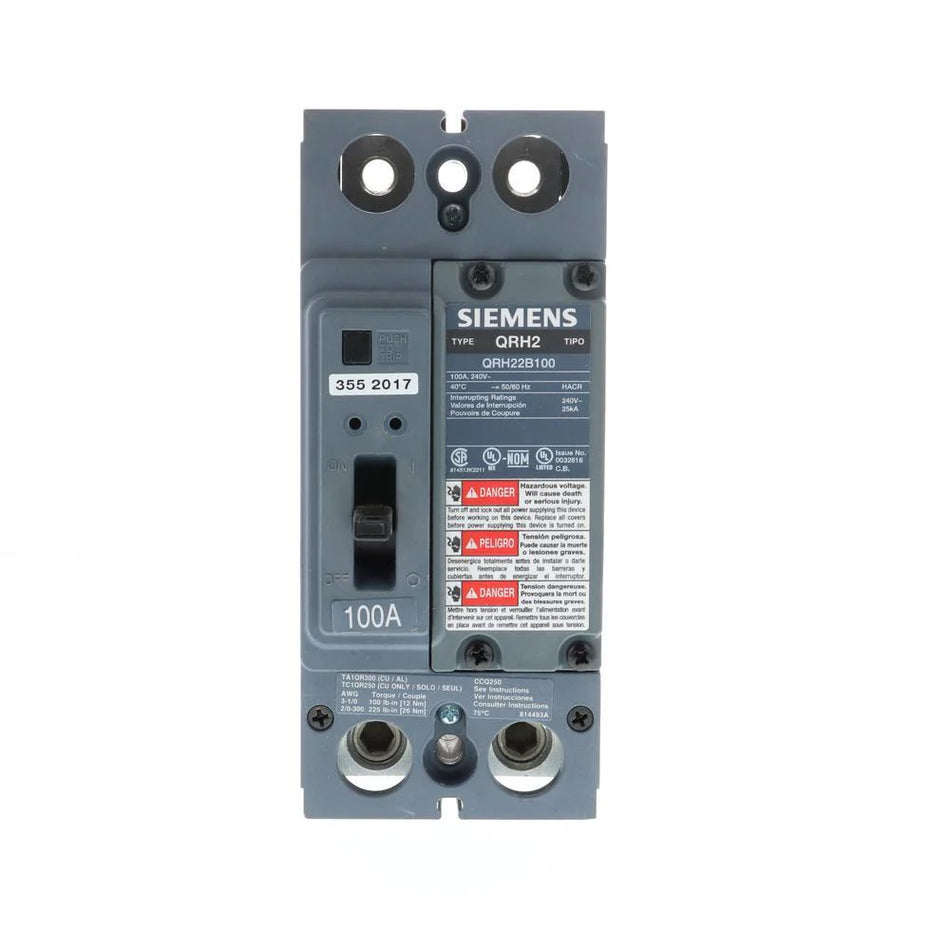 QRH22B100L - Siemens Feed-Thru 240V 100A 2 pole circuit breaker 25kA@240V