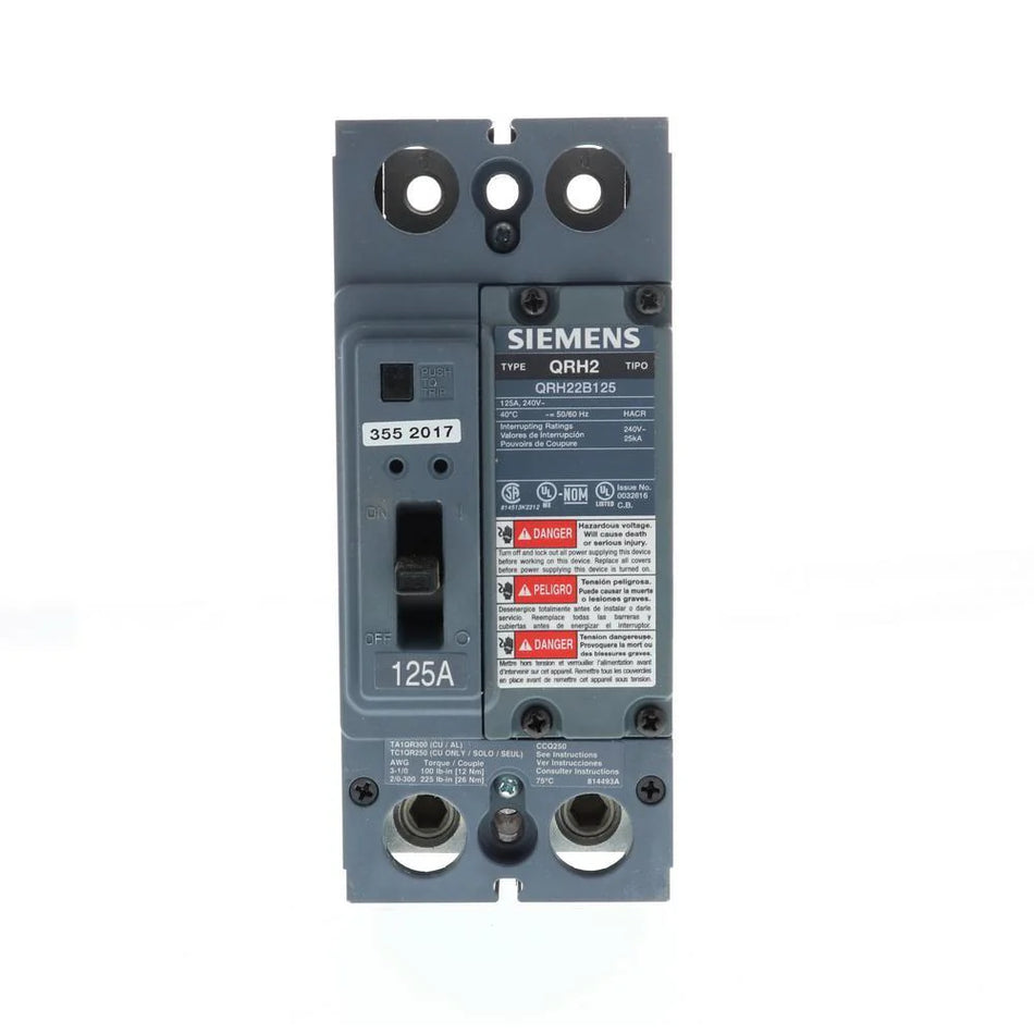 QRH22B125L - Siemens Feed-Thru 240V 125A 2 pole circuit breaker 25kA@240V