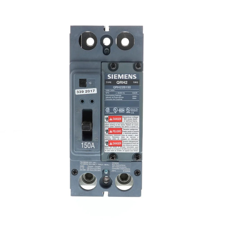 Siemens QRH22B150 Circuit Breaker – QR Series – 150A – 2 Pole – 240VAC – Bolt-On – Thermal Magnetic – 25kAIC